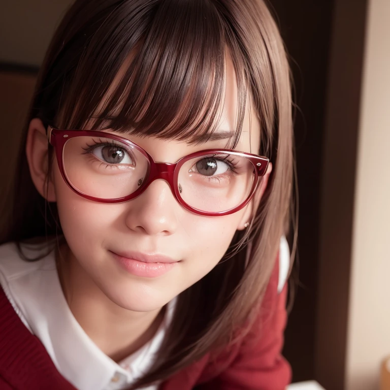 a masterpiece portrait of a beautiful young woman with a small face and a cute embarrassed smile expression, wearing red glasses , wearing a and a short skirt, in an office setting, shot with a DSLR camera, high-quality 8k UHD image with realistic skin details, detailed facial features, rim lighting, lying on the bed