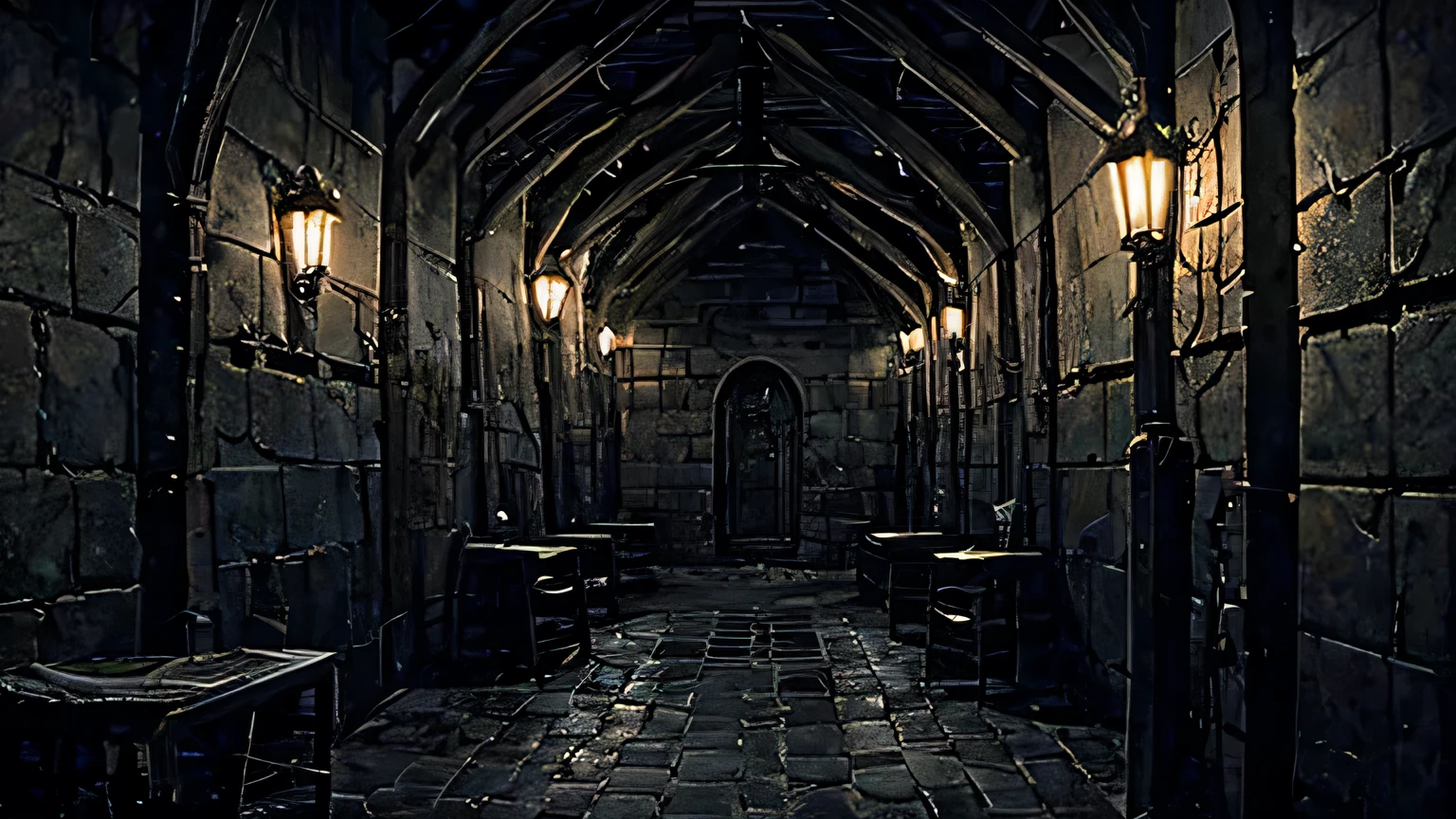  a cell block, moonlight, with a cultist, style skyrim, high quality, 8k, comic book style, hyper realistic, photorealistic, intricate details, normale lighting, vibrant colors, warm color tones, cinematic composition