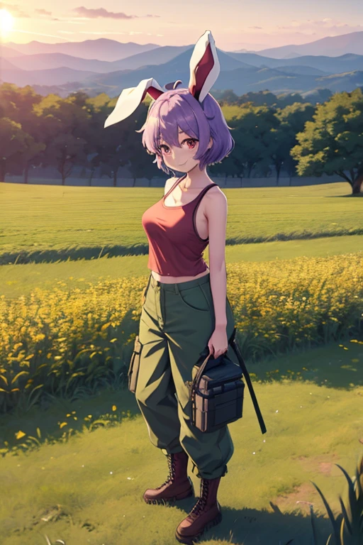 1girl (distant shot;1.5), Touhou, Reisen Inaba, short hair, light purple hair clolor, red eyes color, middle sized breasts, female tank top (dirty), tactical pants (military green), Plantation fields, standing (In middle of the fields), (wide shot, wider shot), (full body;1.5), distant shot, sun light, smiling expression