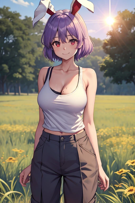 1girl (distant shot;1.5), Touhou, Reisen Inaba, short hair, light purple hair clolor, red eyes color, middle sized breasts, female tank top (dirty), tactical pants (military green), Plantation fields, standing (In middle of the fields), (wide shot, wider shot), (full body;1.5), distant shot, sun light, smiling expression