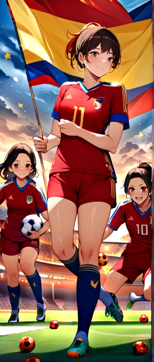 Soccer ball with the flag of Venezuela yellow blue with stars many more balls and red fire soccer players in the background a masterpiece