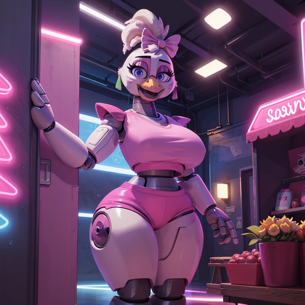 (masterpiece), ((perfect anatomy)), (high Res), (4k), Chicken, huge breast, wide hips, (robot), (animatronic), (((pink shirt))), (((pink shorts))), happy, ponytail, (realistic artstyle), (((solo))), narrow waist