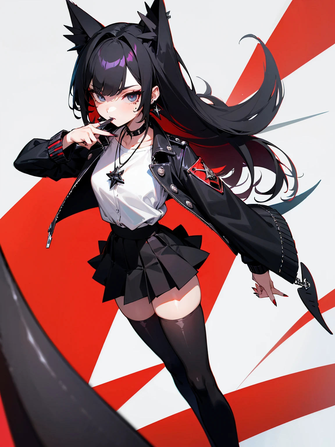 ((Long Straight Black hair)), Perfect face, Choker, Punk earrings, ((Tall)), ((High Quality)), Necklace, ((Mature)), Pretty Eyes, Sharp Nails, Bangs, ((1 Girl)), ((Multiple Earrings)), 1 girl, Spiky Earrings, Adult, Spiked Collar, Thin Eyelashes, Plain Background, Red Colors in Background, Shark Girl, Long Tail, Large Tail, Massive Tail, Shark Tail, ((Black Goth Mini Skirt)), ((White Shirt)), Close Up, Very Short Mini Skirt, Tall, Long Legs, Sexy Thigh Highs, Dynamic Pose, Black Tail, 2 moles under left eye, Lolly Pop,