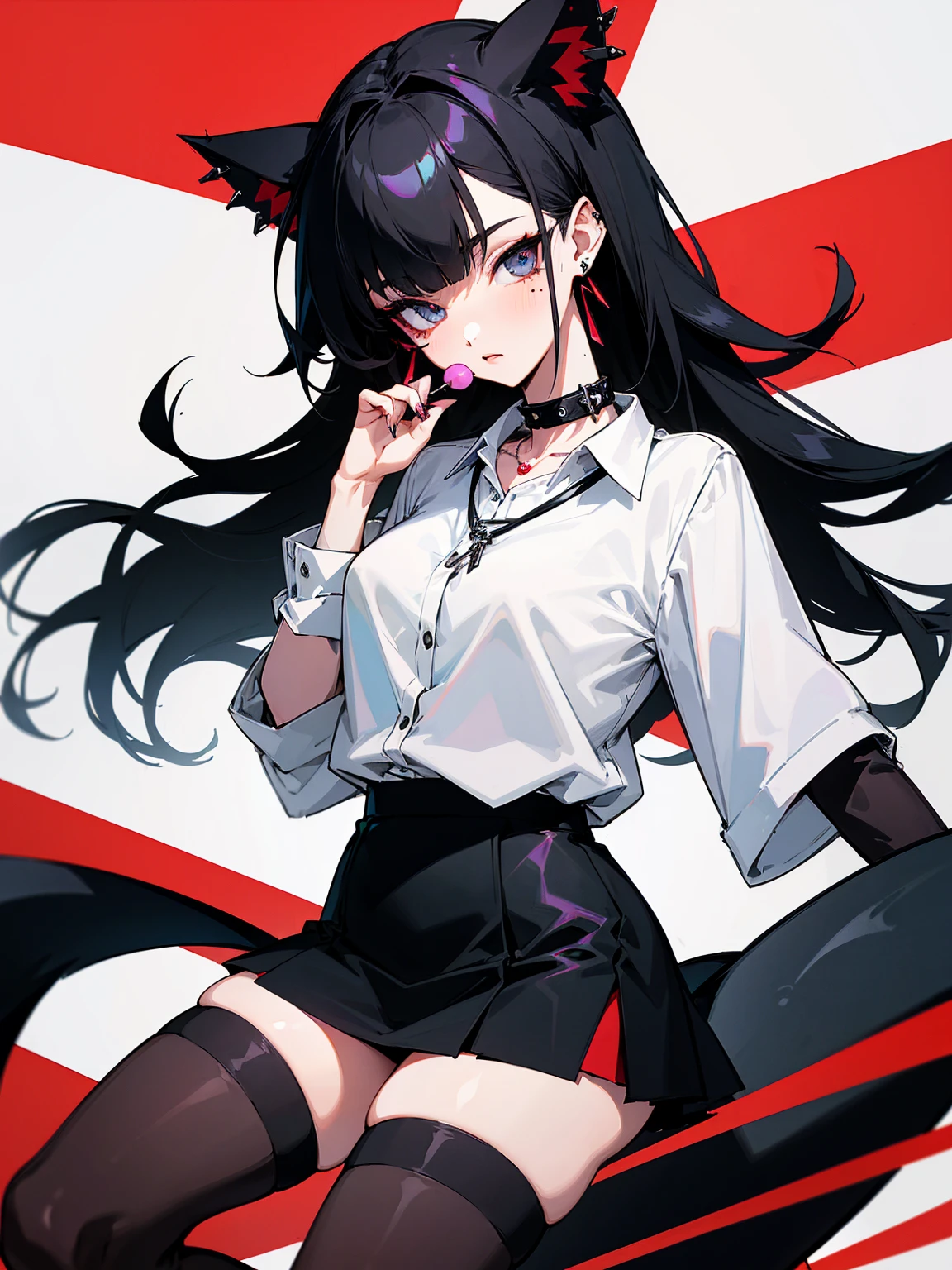 ((Long Straight Black hair)), Perfect face, Choker, Punk earrings, ((Tall)), ((High Quality)), Necklace, ((Mature)), Pretty Eyes, Sharp Nails, Bangs, ((1 Girl)), ((Multiple Earrings)), 1 girl, Spiky Earrings, Adult, Spiked Collar, Thin Eyelashes, Plain Background, Red Colors in Background, Shark Girl, Long Tail, Large Tail, Massive Tail, Shark Tail, ((Black Goth Mini Skirt)), ((White Shirt)), Close Up, Very Short Mini Skirt, Tall, Long Legs, Sexy Thigh Highs, Dynamic Pose, Black Tail, 2 moles under left eye, Lolly Pop,