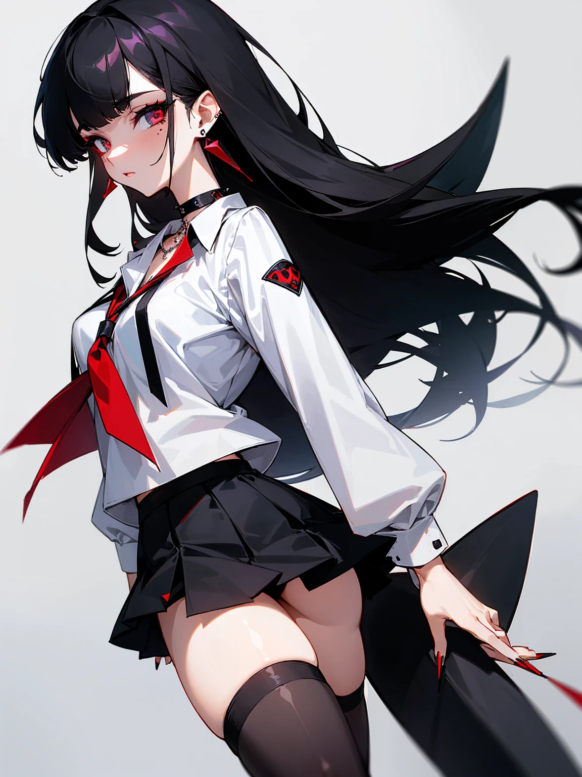 ((Long Straight Black hair)), Perfect face, Choker, Punk earrings, ((Tall)), ((High Quality)), Necklace, ((Mature)), Pretty Eyes, Sharp Nails, Bangs, ((1 Girl)), ((Multiple Earrings)), 1 girl, Spiky Earrings, Adult, Spiked Collar, Thin Eyelashes, Plain Background, Red Colors in Background, Shark Girl, Long Tail, Large Tail, Massive Tail, Shark Tail, ((Black Goth Mini Skirt)), ((White Shirt)), Close Up, Very Short Mini Skirt, Tall, Long Legs, Sexy Thigh Highs, Dynamic Pose, Black Tail, 2 moles under left eye, Lolly Pop,