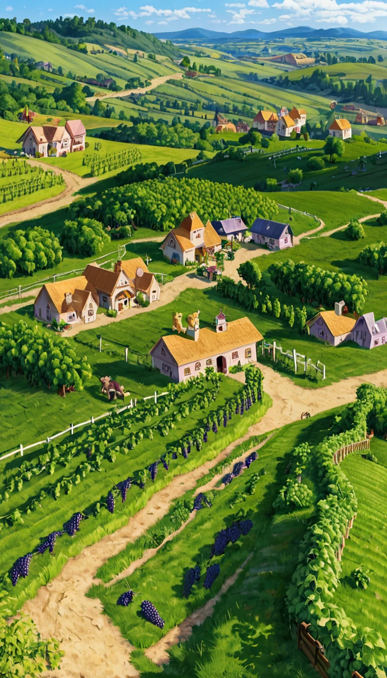 A beautiful countryside scene. In the distance, a small town or village is nestled among the hills, and overhead you can see a clear blue sky. An adult golden retriever is lying on the floor of a vineyard with grapes on the ground. A golden retriever pup is eating one of the grapes, countryside, landscape, hills, village, town, nestled, blue sky, golden retriever, dog, lying, vineyard, grapes, ground, puppy, eating, grape, nature, rural, pastoral, serene