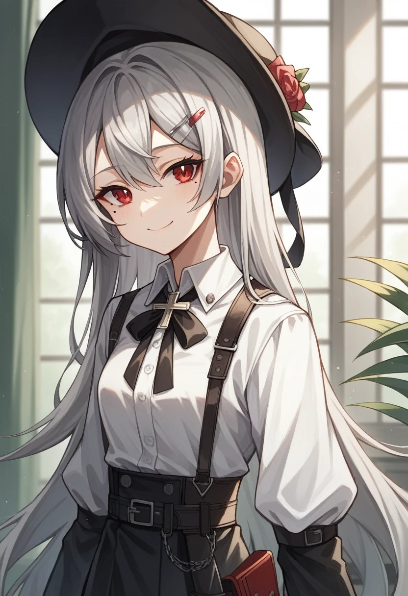 room,Idol Cross,masterpiece,Highest quality,Gray Hair, Red eyes,White shirt,(black formal hat),(Hair Clip:1.3),(Small Mouth Mole:1.3),smile,High resolution,4K,Black sleeves,whole body,Long Hair,long straight hair,Holster on waist,Styled hair,