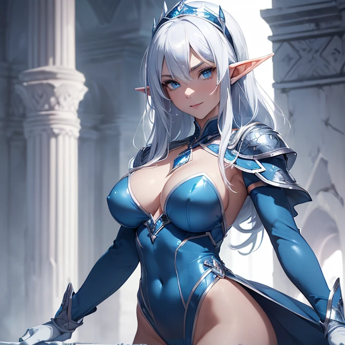 (absurdres, best high quality image, carefuly detailed features and textures, very detailed image, solo character alone, full character view): {{(1character: 25 years old half-elf princess ice girl), (pale skin, pure white medium straight hair, blue eyes with white pupils, short pointy ears, light blue lips, white eyebrows, big breasts, sexy body), (pale blue ice armor, blue leotard under ice armor, blue royal head band, silver necklace, white long sleeved gloves, blue long boots with pointy heels), (short crystal wand), (confident demeanor, gentle smile, strong pose, wise demeanor, holding her wand with left hand), (roman style castle, sunny day morning)}}