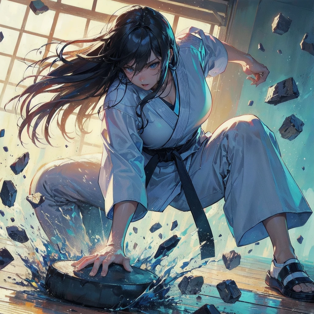 masterpiece, (textured skin), best quality, gorgeous beautiful girl, (a female karate athlete), detailed clothes,large breasts,narrow waist,, (beautiful face), cinematic lighting, (at ka venue ),