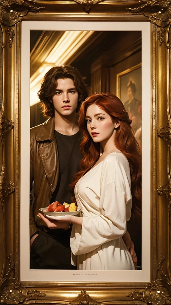 Temptation. Cinematic portrait, replica of picture Adam and Eve. Man and redhaired woman in image of famous characters over vintage style background. Art, creativity, beauty, eras comparison concept