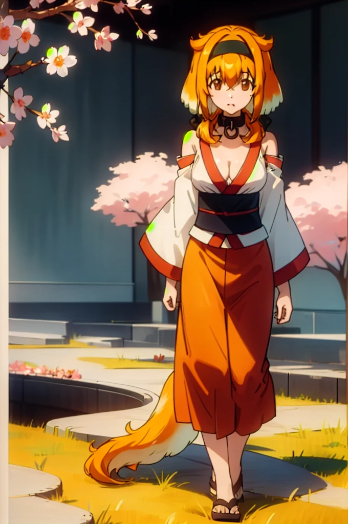 1girl, solo, adult mature woman, age 30, high quality, best quality, highres, high detail, standing, pikkyroxanne, looking at viewer, orange hair, blonde hair, hair between eyes, bangs, brown eyes, breasts, animal ears, collar, black hairband, hairband, tail, dog tail, dog ears, cleavage, floppy ears, black collar, dog girl, Japanese kimono, traditional design, submissive pose, serene garden setting, cherry blossoms, sunset hues, vibrant, detailed, 8k resolution, sneeze, standing, full body
