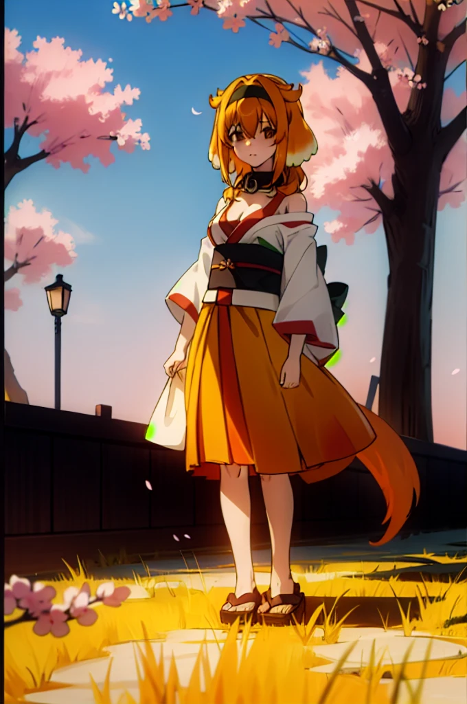 1girl, solo, adult mature woman, age 30, high quality, best quality, highres, high detail, standing, pikkyroxanne, looking at viewer, orange hair, blonde hair, hair between eyes, bangs, brown eyes, breasts, animal ears, collar, black hairband, hairband, tail, dog tail, dog ears, cleavage, floppy ears, black collar, dog girl, Japanese kimono, traditional design, submissive pose, serene garden setting, cherry blossoms, sunset hues, vibrant, detailed, 8k resolution, sneeze, standing, full body