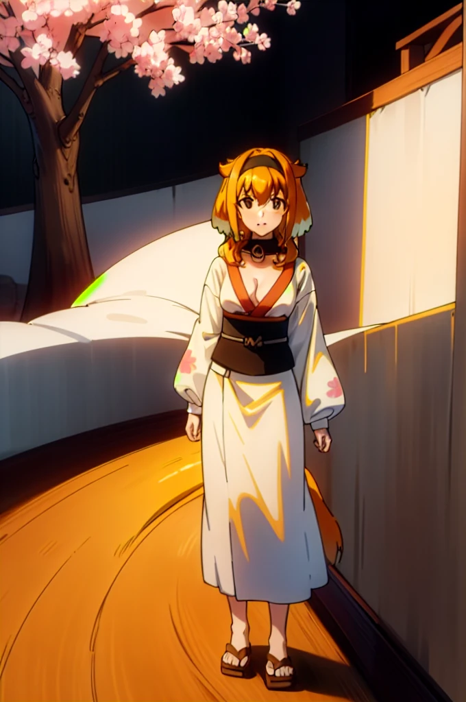 1girl, solo, adult mature woman, age 30, high quality, best quality, highres, high detail, standing, pikkyroxanne, looking at viewer, orange hair, blonde hair, hair between eyes, bangs, brown eyes, breasts, animal ears, collar, black hairband, hairband, tail, dog tail, dog ears, cleavage, floppy ears, black collar, dog girl, Japanese kimono, traditional design, submissive pose, serene garden setting, cherry blossoms, sunset hues, vibrant, detailed, 8k resolution, sneeze, standing, full body