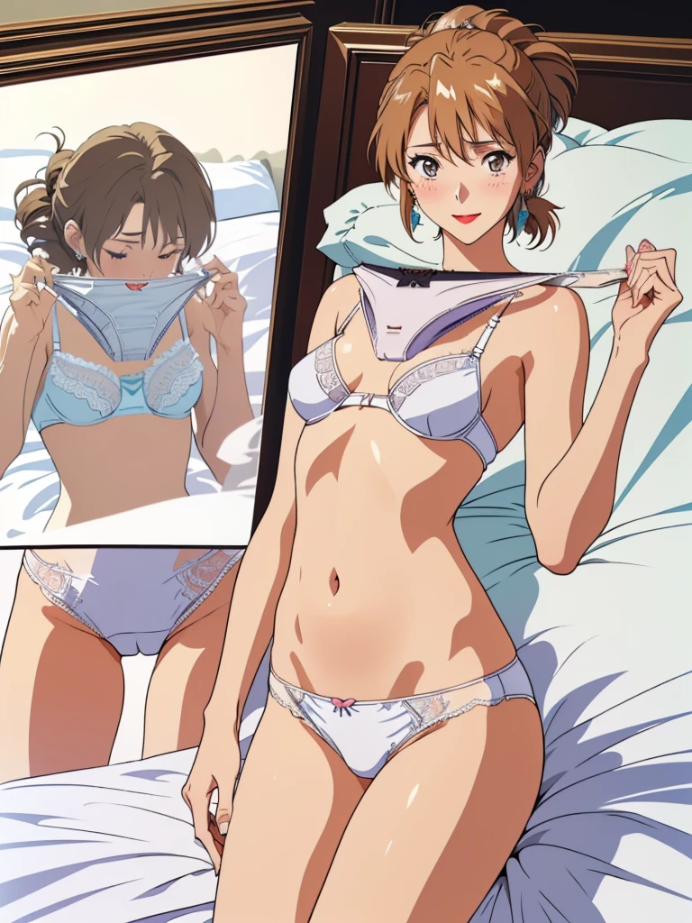 masterpiece, top quality, ultra detailed, ((((AIKA_SUMERAGI, folded ponytail, best anatomy, in underwear, (panties, elaborately designed luxury panties for adults, panties high definition images, draw panties with super precision), lace trimmed bra, extremely detailed texture, earrings, red lip, embarrassed, blush, smile)))), cowboy shot, (((underwear in bed room))), white skin, (presenting panties), (display panties),holding panties with both hands,(panties taken off:1.5), (panties are on bed:2.0), from above