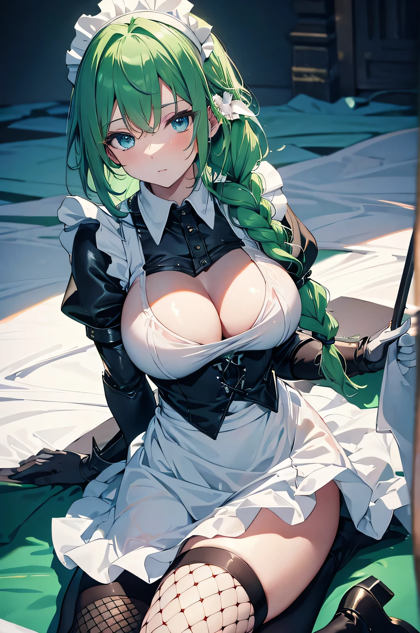 4K,High resolution,One Woman,Green Hair,Braid,Blue Eyes,Big Breasts,knight,White maid outfit,no good,Armor Boots,White gloves,Black fishnet stockings,Maid&#39;s Headband,Jewelry decoration,Long sword,Medieval castle town,Daytime Sky