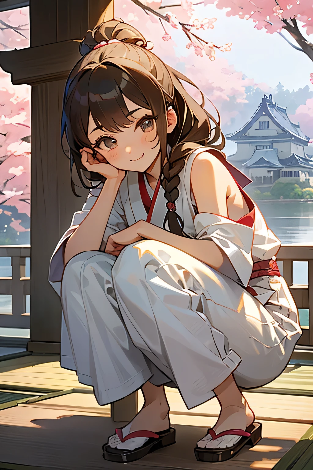 Highest quality、High resolution、Detailed Background、(Beautiful face in every detail:1.4)、Anatomically correct、(Draw the usual number of fingers:1.2)、(Detailed facial expressions)、(Detailed eyes:1.2)、(Detailed eyes:1.2)、Teenage beauty、(Highly detailed face:1.4)、Brown Hair、Braided Ponytail、Braided Bob、Braided long hair、Wavy Hairstyle、well-groomed eyebrows、cute eye makeup、Cute Lip Makeup、cute gesture、Show the whole body、Himeji castle、Inuyama Castle、Matsumoto Castle、Hikone Castle、

(A beautiful girl with a big smile with a Japanese castle in the background:1.5)、

Choose a cool chiffon dress or camisole dress for a light and airy look.、
It is recommended to wear it with casual shoes such as sandals or sneakers.、
Add some glamour with hair accessories、

A clean, all-white look is stylish for midsummer、
Sleeveless or tank tops、Bottoms include shorts and wide pants.、
We recommend natural materials for accessories such as sandals.、cute、

Hikone Castle、The location facing Lake Biwa is beautiful and the view from the castle tower is spectacular.、
Many historical buildings remain, including the old castle town and Higashizakamon Gate、
Another feature is that its appearance changes with the seasons, such as cherry blossoms in spring and autumn leaves.