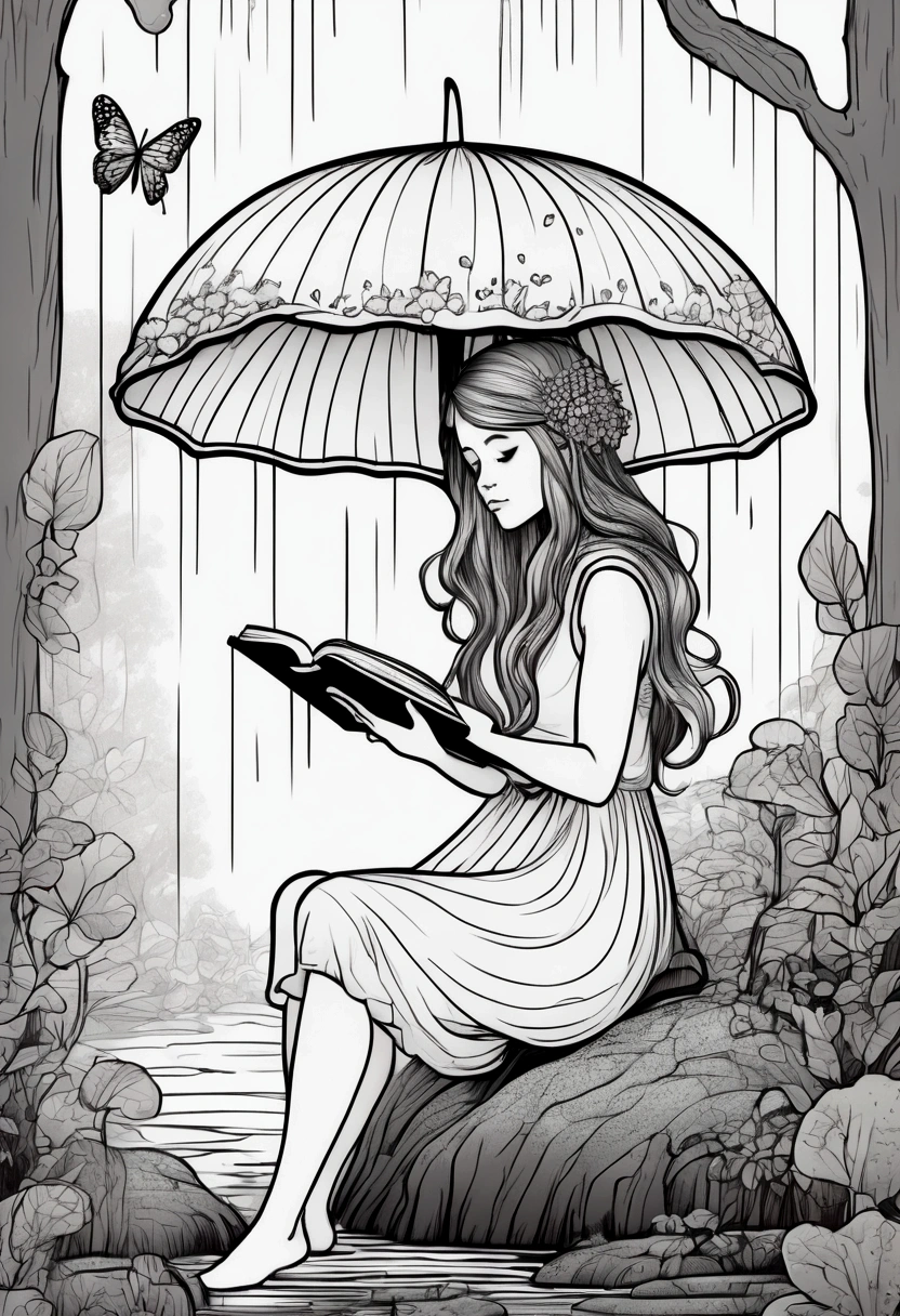 A fairy reading a book under a mushroom umbrella during a light rain. clean line art, white background, colouring page, clean outline, sketch style, clean lines, details line work, floral design, butterfly