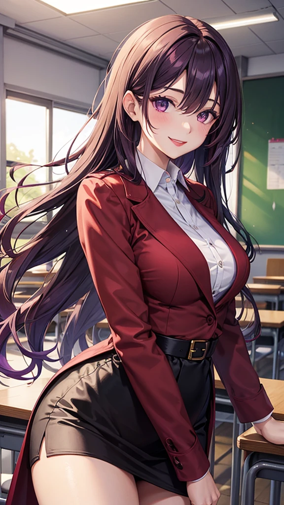 Purple wavy long hair,Sexy,woman,teacher,Red coat,White shirt,Long black dress,Large Breasts,Face red,Smile,lipstick,noble,exist|inside the classroom