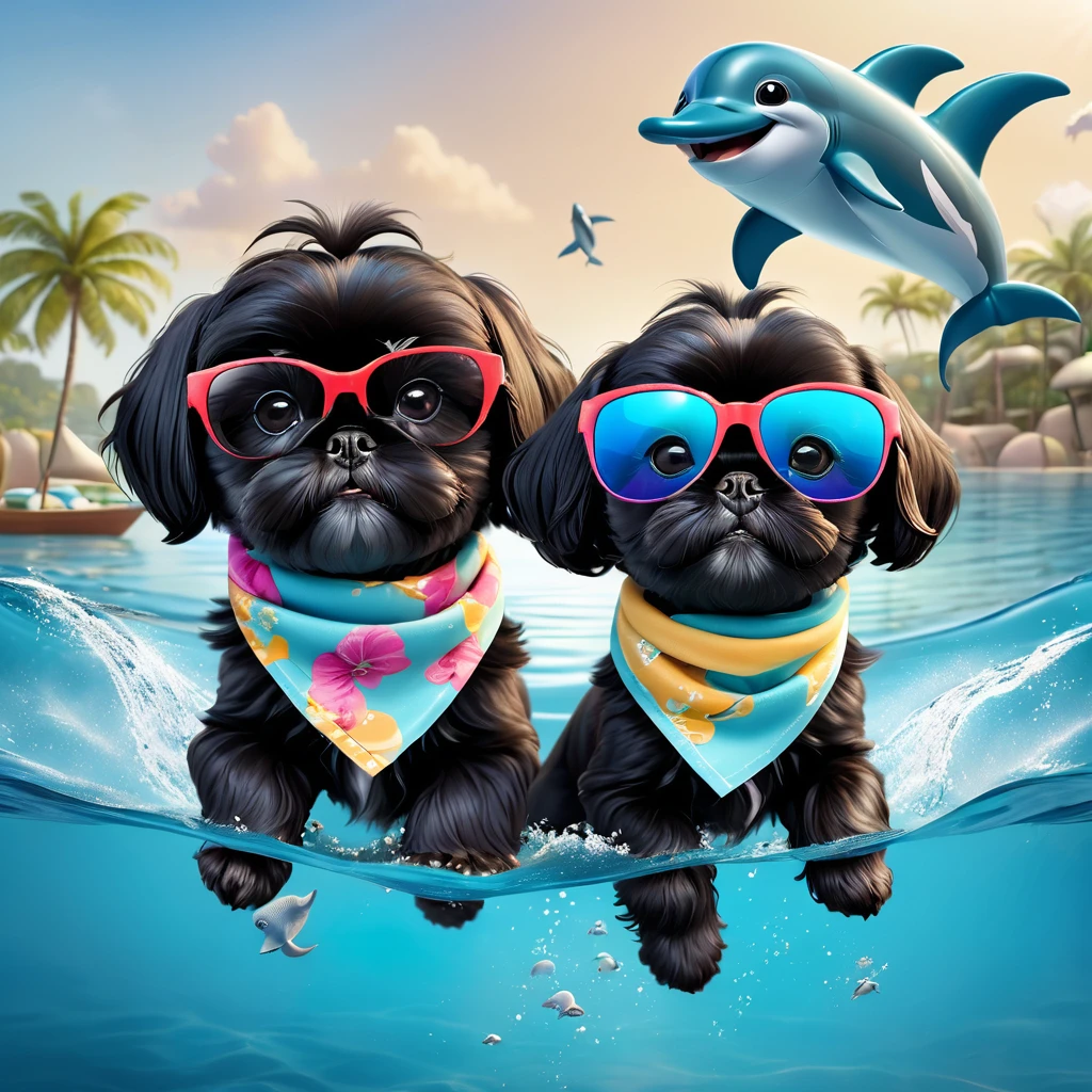 2 Adorable small black Shih Tzu puppies wearing bright bandannas sunglasses swimming with dolphins Disney background 3d cartoon 3d render disney pixar style