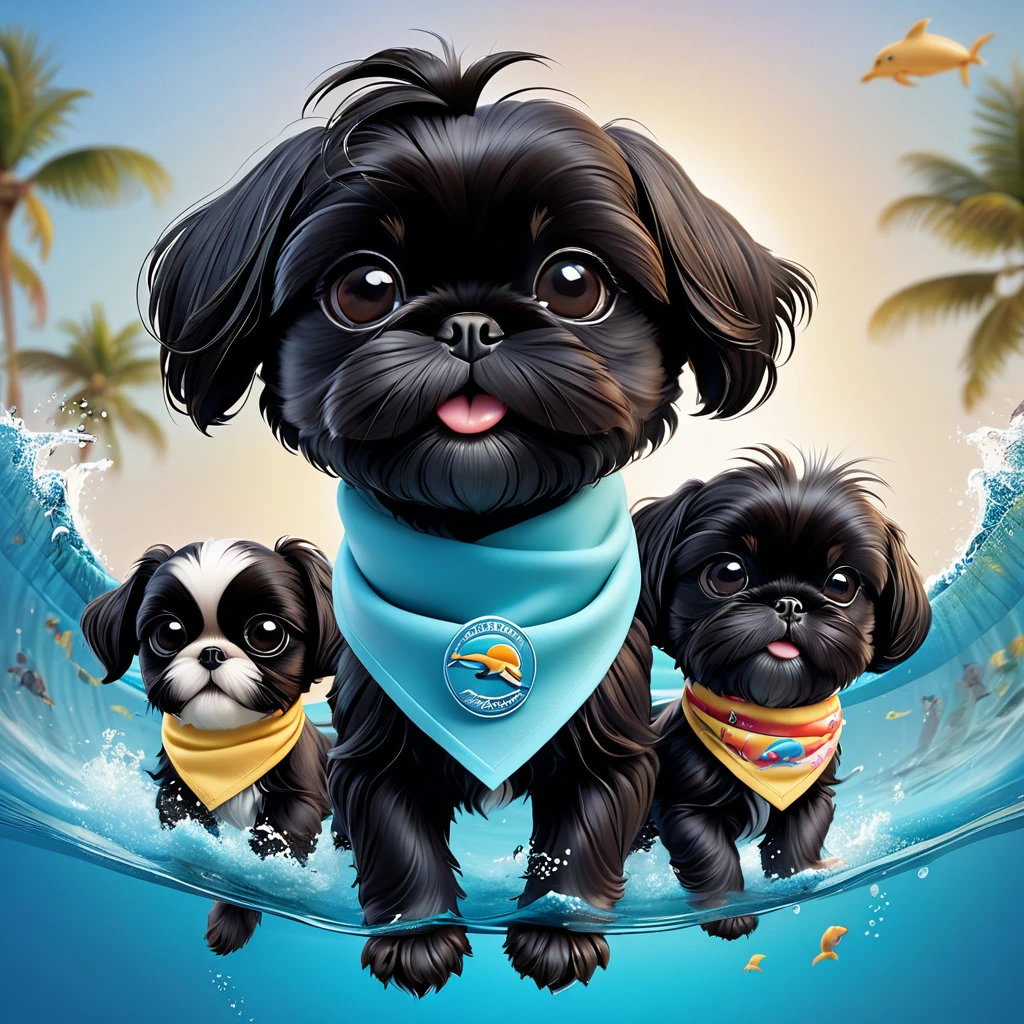 2 Adorable small black Shih Tzu puppies wearing bright bandannas sunglasses swimming with dolphins Disney background 3d cartoon 3d render disney pixar style