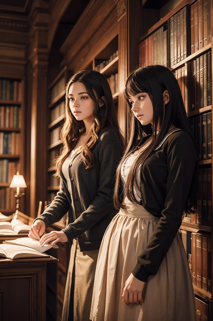 An image of two young women, one being a witch and the other a normal student, in a library like a