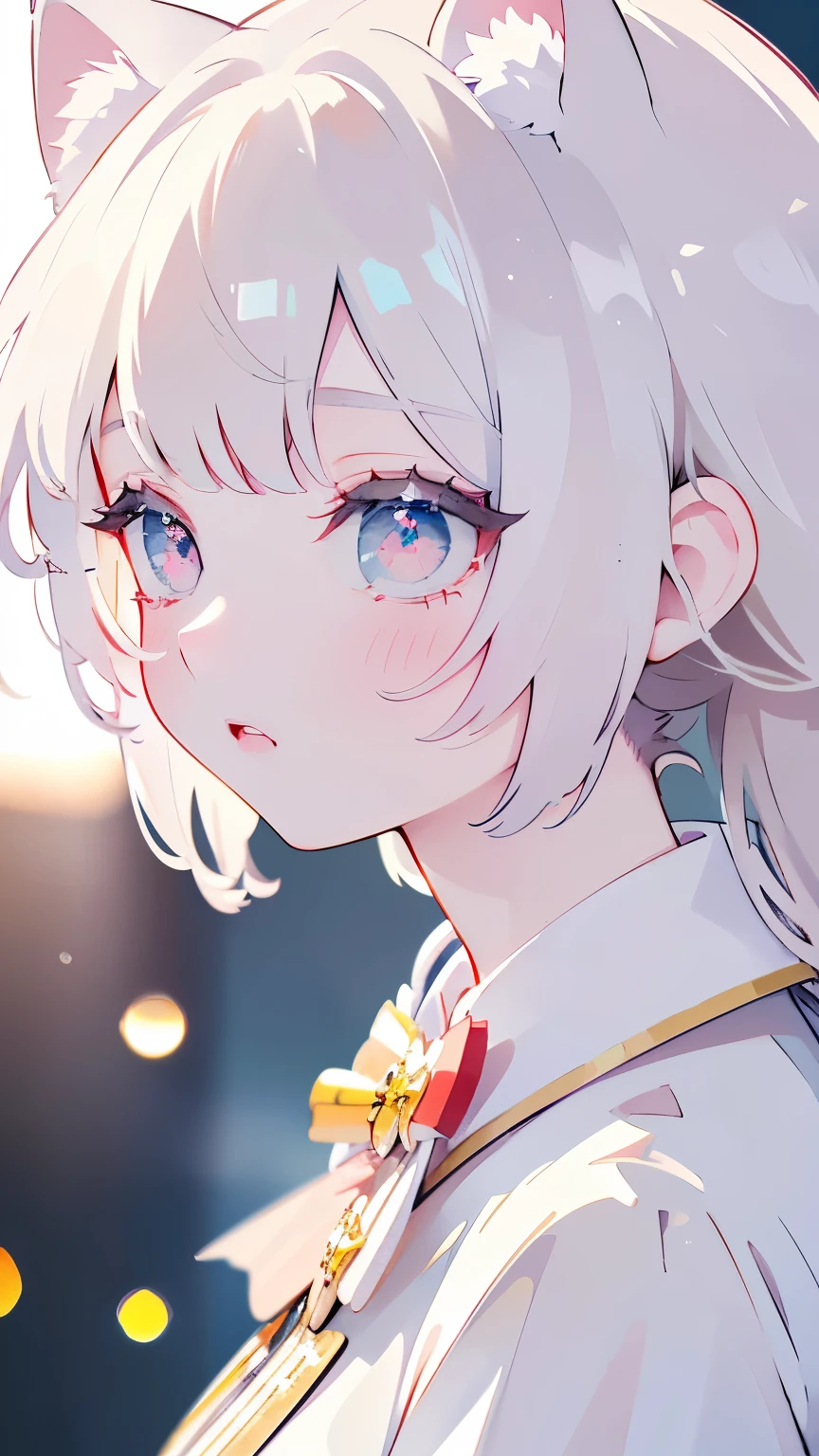 Tsundere 18 year old girl,Beautiful and delicate eyes, beautiful lips, Eyes and faces rich in detail, 1girl, white cat ears, (top quality, 4K, 8K, high resolution, masterpiece:1.2), Ultra-detailed, (realistic, realistic, realistic, realistic, realistic: 1.37), very large breasts,fantasy, soft lighting, white background,red eyes, School Uniforms, shed tears