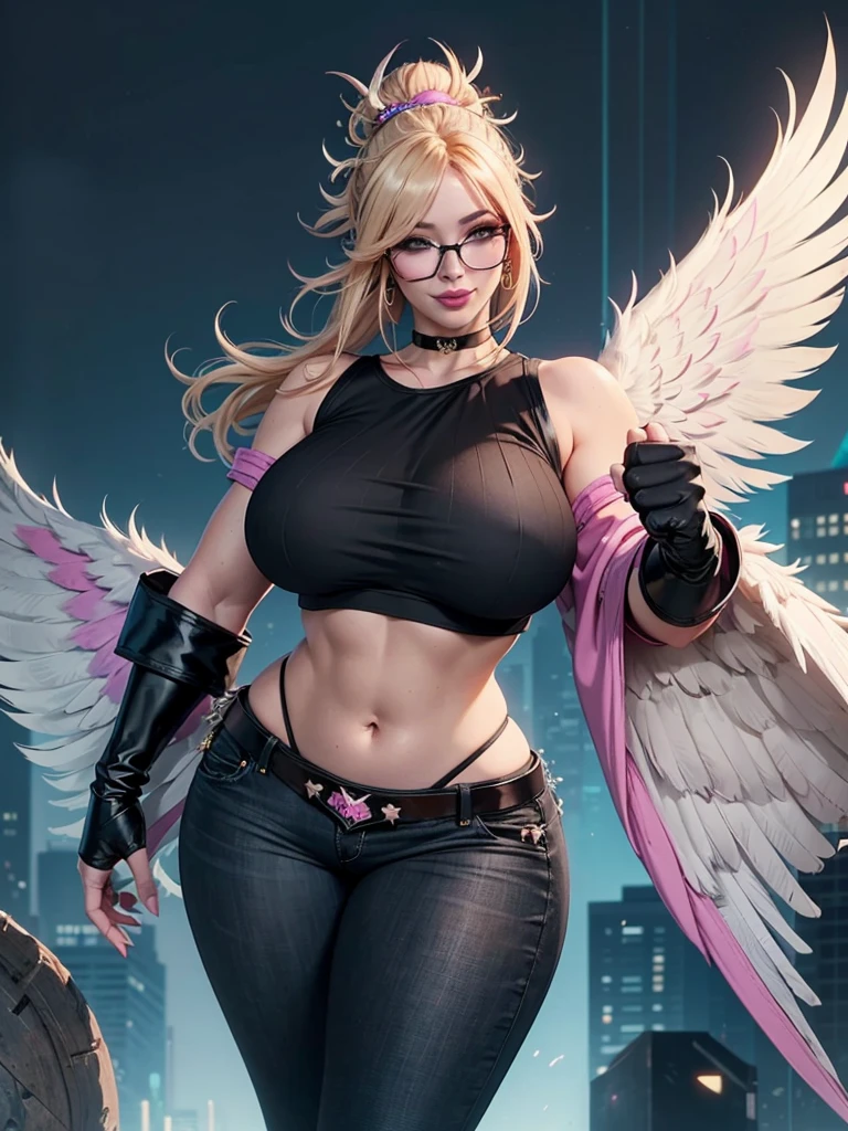 realisticlying,22yo girl,Blonde short、big body, sexy lingerie lace black ,perfect eyes, hair bunches、very very long hair, ultradetailed hair, body nylon sexy, Breasts enlarged、 big body, blonde, woman 1.90 CM,ponytail, ((hair over eyes)),perfect mouth, massive big bounce oppai, WET SKIN, (masterpiece, best quality:1.2), 1girl, solo, city background, haze \(fortnite\), Harpy Haze From fortnite, 1girl, earrings, glasses, hat, jewelry, lips, long hair, looking at viewer, makeup, nail polish, pink eyes, pink hair, pink nails, smile, sunglasses, tinted eyewear, belt, black pants, crop top, eyeshadow, midriff, navel, pants, choker, fingernails, round eyewear, sharp fingernails, standing, black feathers, black headwear, hoop earrings, horned headwear, horns, denim, winged arms, feather trim, star \(symbol\), elbow gloves, dark pink lips, feathers, heels, shoes, angel wings, bangle, black wings, crop top overhang, feathered wings, harpy, low wings, multicolored hair, multicolored wings, pink wings, wings, fingerless gloves, shirt, long fingernails, boater hat, bootcut pants, leather pants, sleeves, black sleeves,massive big bounce oppai,massive big bounce oppai,massive big bounce oppai,