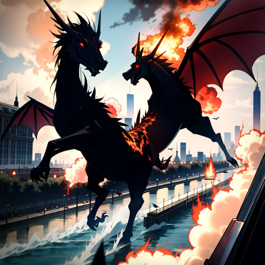 High resolution drawing of an entire Dragon flying next to the Eiffel Tower in Paris. River Seine in the background in flames.