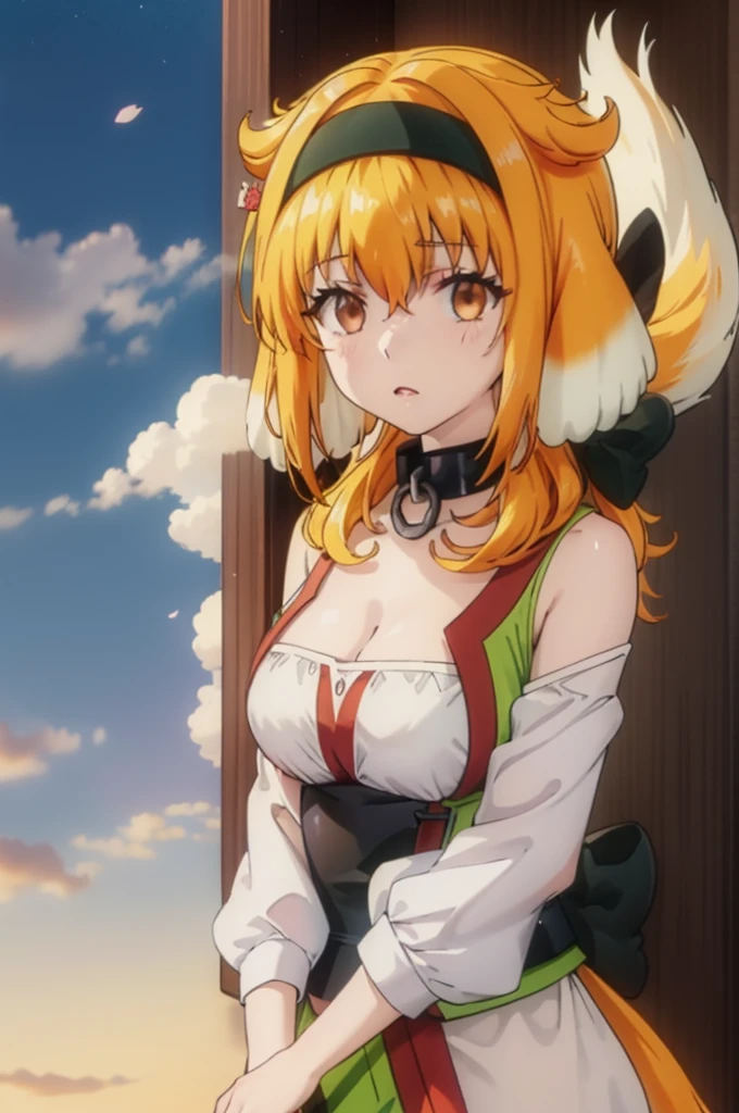 1girl, solo, adult mature woman, age 30, high quality, best quality, highres, high detail, standing, pikkyroxanne, looking at viewer, orange hair, blonde hair, hair between eyes, bangs, brown eyes, breasts, animal ears, collar, black hairband, hairband, tail, dog tail, dog ears, cleavage, floppy ears, black collar, dog girl, Japanese kimono, traditional design, submissive pose, serene garden setting, cherry blossoms, sunset hues, vibrant, detailed, 8k resolution, sneeze, standing, full body