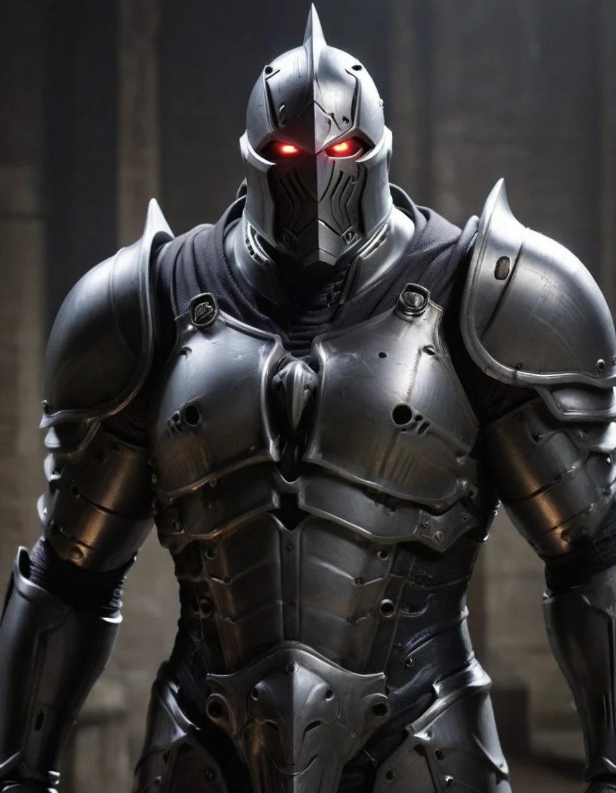 (dramatic lighting:1.2), looking at viewer, solo, alphonse_elric, glowing eyes, armor, spikes, helmet, standing,