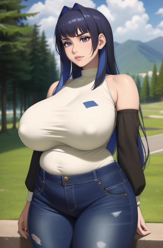 (best quality,4k,8k,highres,masterpiece:1.2), ultra-detailed, (realistic,photorealistic,photo-realistic:1.37), HDR, UHD, studio lighting, ultra-fine painting, sharp focus, physically-based rendering, extreme detail description, professional, vivid colors, bokeh, portraits, photography, (best quality,masterpiece:1.3), (mature woman, milf), (tall:1.2), anime, masterpiece, beautiful eyes, best quality, detailed face, 1girl, solo, beautiful, KroniiCasual, long hair, hair intakes, turtleneck, long sleeves, bare shoulders, jeans, blue eyes, huge breasts, huge belly, GiganticAi, plump, chubby, curvy, chubby girl, soft shading, detailed, semi-realistic, sciamano240