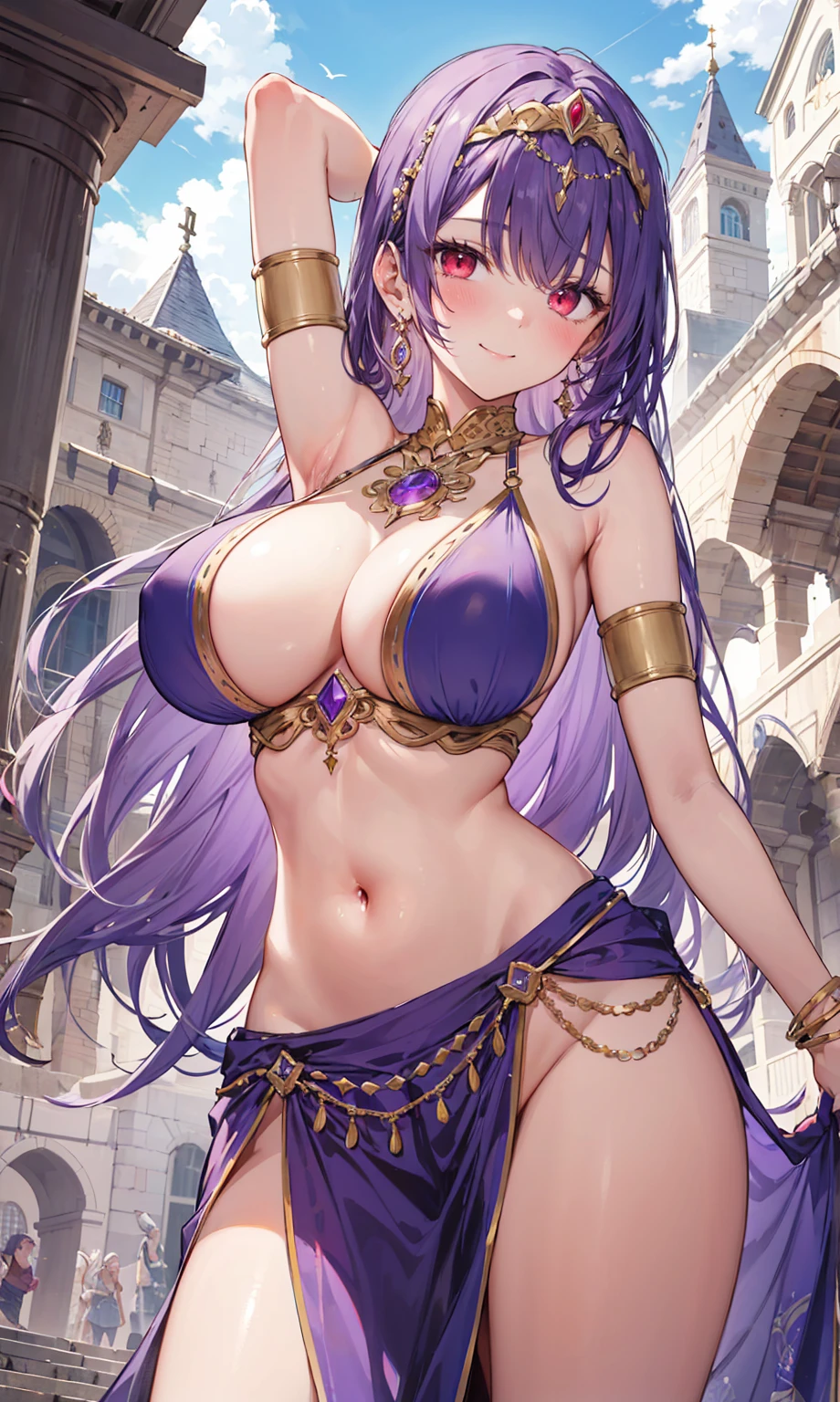 high quality, ultra detailed, best quality, insanely detailed, beautiful, masterpiece, 1girl, medieval plaza, cowboy shot, red eyes, long hair, purple hair, belly dancer, circlet, earrings, armlets, bracelets, bashful smile, large breasts, cleavage, soft stomach