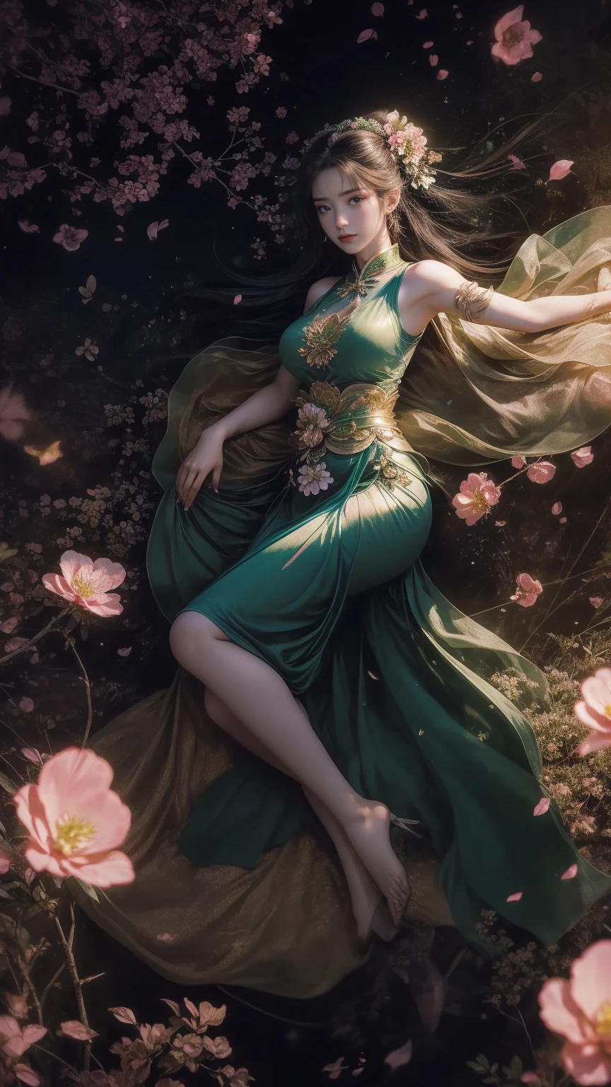 A beautiful woman with perfect curves wearing a long green dress that gently flutters in the air,The beautiful woman was standing in a sea of beautiful flowers surrounding her, Chinese traditional, her flexible body increasing with every movement, So enchanting, the dim candlelight, the glowing butterflies fighting the darkness of the night, the light of the moon, The night wind blowing the curtains, the pink flower petals , flower petals flying around the room, Chinese dancing, This woman is so beautiful that she attracts everyone who watches her, ancient China, imperial empress