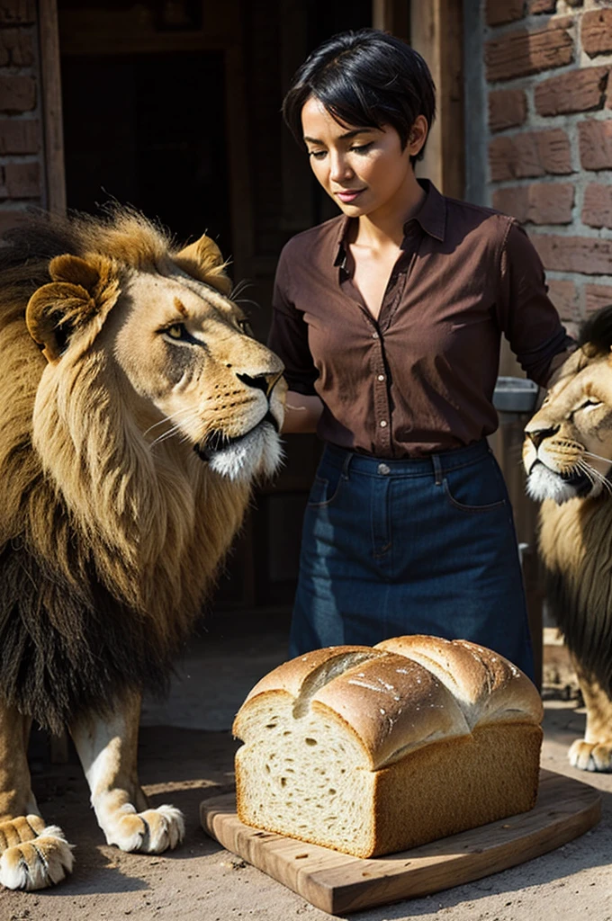 1 woman with short hair sewn 1 bread with 1 lion