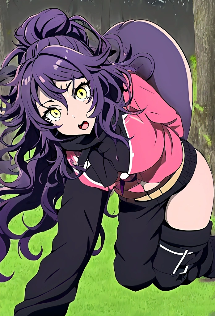 create a black girl falling into white space, feline yellow eyes, She has very thick wavy hair, purple hair pulled into blue, tied in a ponytail in a red bow, wearing a moss green shirt, an aviator jacket with fur on the hood, black cargo pants and combat boots, she is very surprised, , JJK manga style