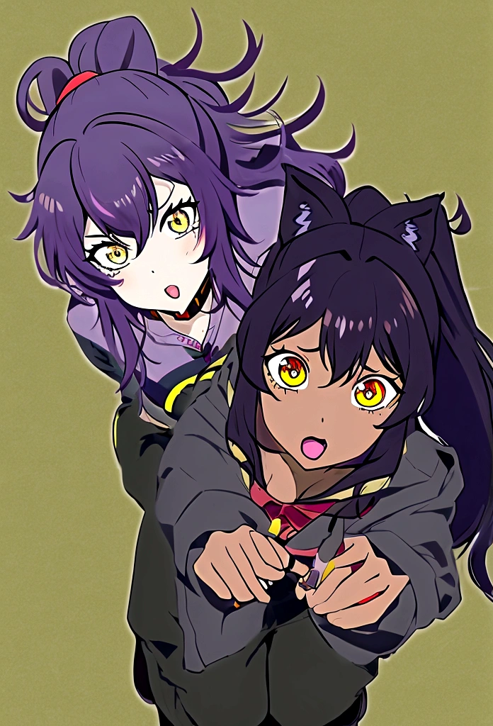 create a black girl falling into white space, feline yellow eyes, She has very thick wavy hair, purple hair pulled into blue, tied in a ponytail in a red bow, wearing a moss green shirt, an aviator jacket with fur on the hood, black cargo pants and combat boots, she is very surprised, , JJK manga style