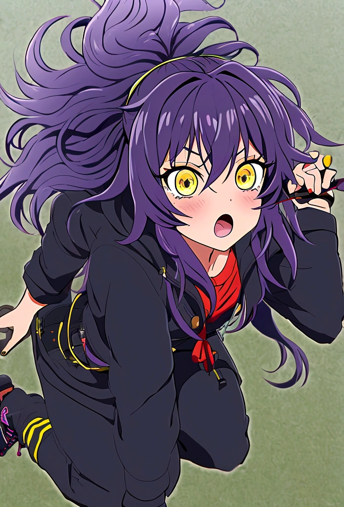 create a black girl falling into white space, feline yellow eyes, She has very thick wavy hair, purple hair pulled into blue, tied in a ponytail in a red bow, wearing a moss green shirt, an aviator jacket with fur on the hood, black cargo pants and combat boots, she is very surprised, , JJK manga style