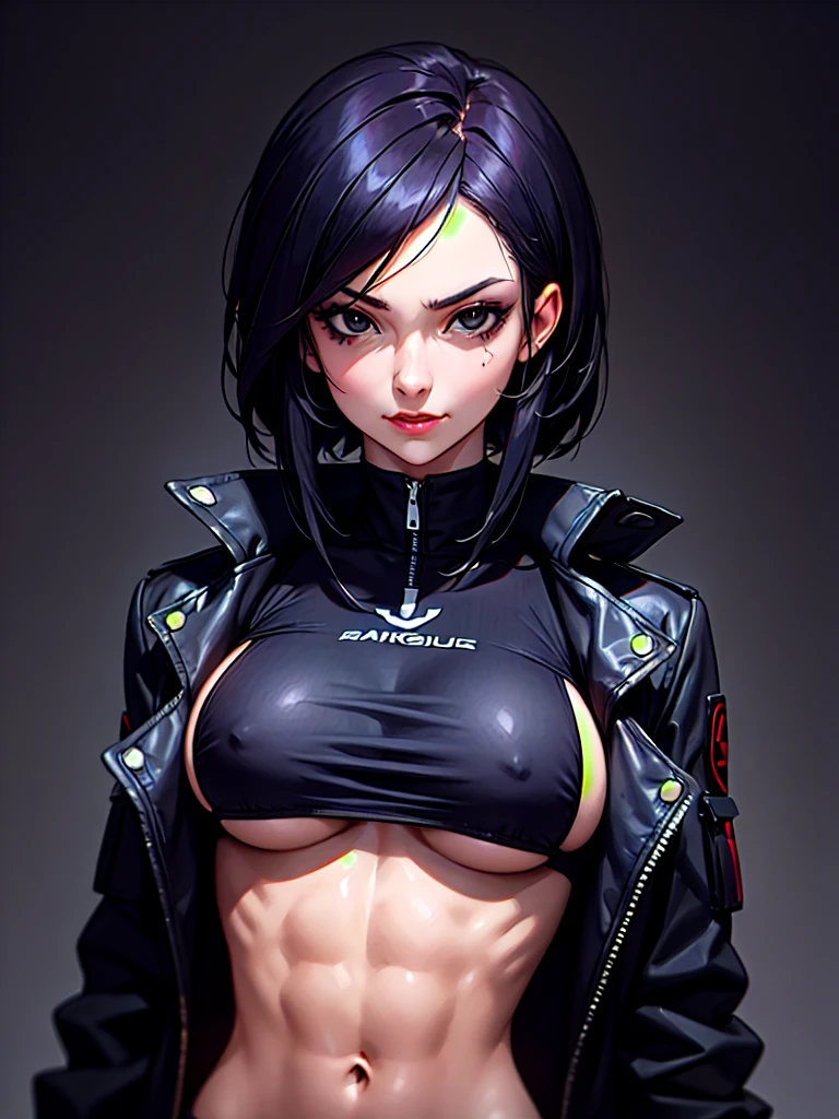 ((Portrait)), She has a Tough Appearance, with Ruthless Charm and a Muscular Build. She Expresses a Proud and Smug Look, Giving Off a Self-Confident Attitude. She has Black Eyes, Her Hair is Short and Tousled, Dark Blue, with Uneven Strands Falling Around Her Face. She Wears an Oversized, Open Black Jacket, with a High-neck Crop Top, Revealing Her Midriff and Underboobs. ((Portrait, HDR, Dark Background))