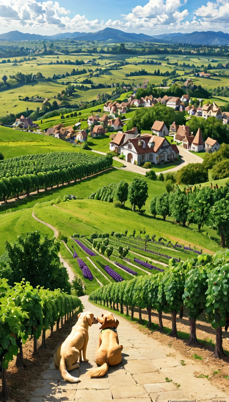 A beautiful countryside scene. A small village is nestled among the hills in the distance, with a clear blue sky overhead. Grapes are tered on the floor of a vineyards. A golden retriever puppy is eating a grape, countryside, landscape, hills, village, nestled, blue sky, grapes, vineyard, floor, golden retriever, puppy, eating, grape, nature, rural, pastoral, serene, idyllic, picturesque, tranquil
