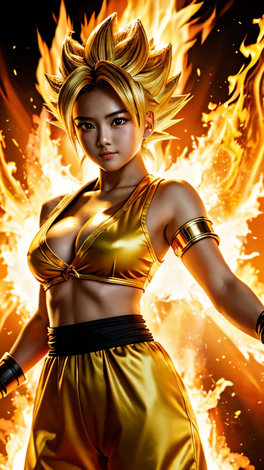 Super Saiyan Girl、masterpiece、high quality、High resolution、Japanese、woman、cute、young、There is a golden aura、whole body、Anatomically correct、Flame Background