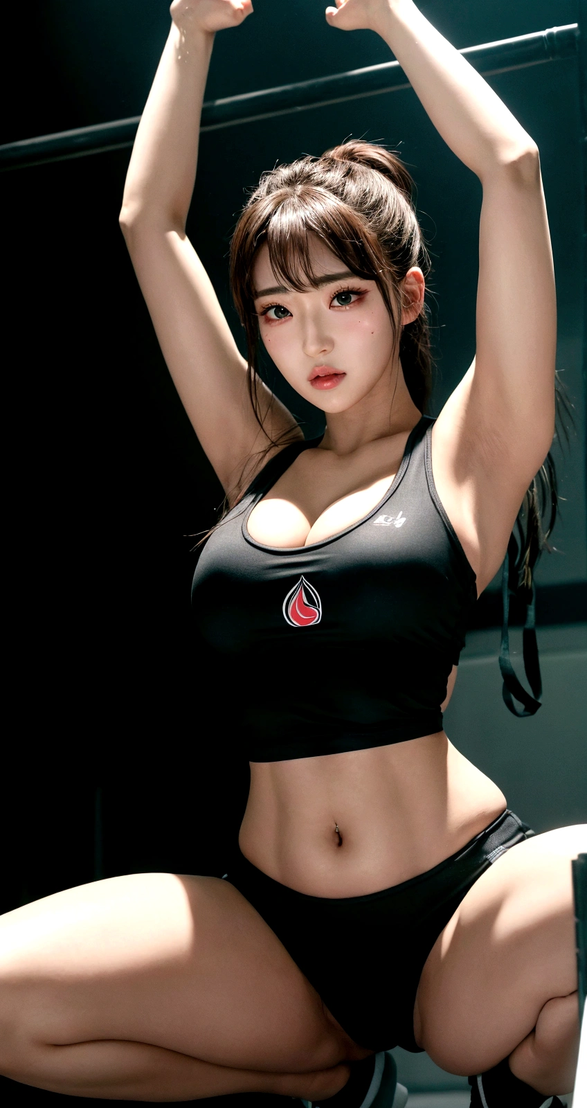 Play sports often, Large Breasts, abdomen, Detailed face, Detailed body rendering, girl, Sports pants, Place your hands behind your head, sexy, sports gym、Mansuji、Cameltoe、Bite、パンツのBite、Inside the gym、Doing squats、Squat with legs apart、Sweat、Body-fitting spats、Shiny、((Bright lighting、k-popアイドル))