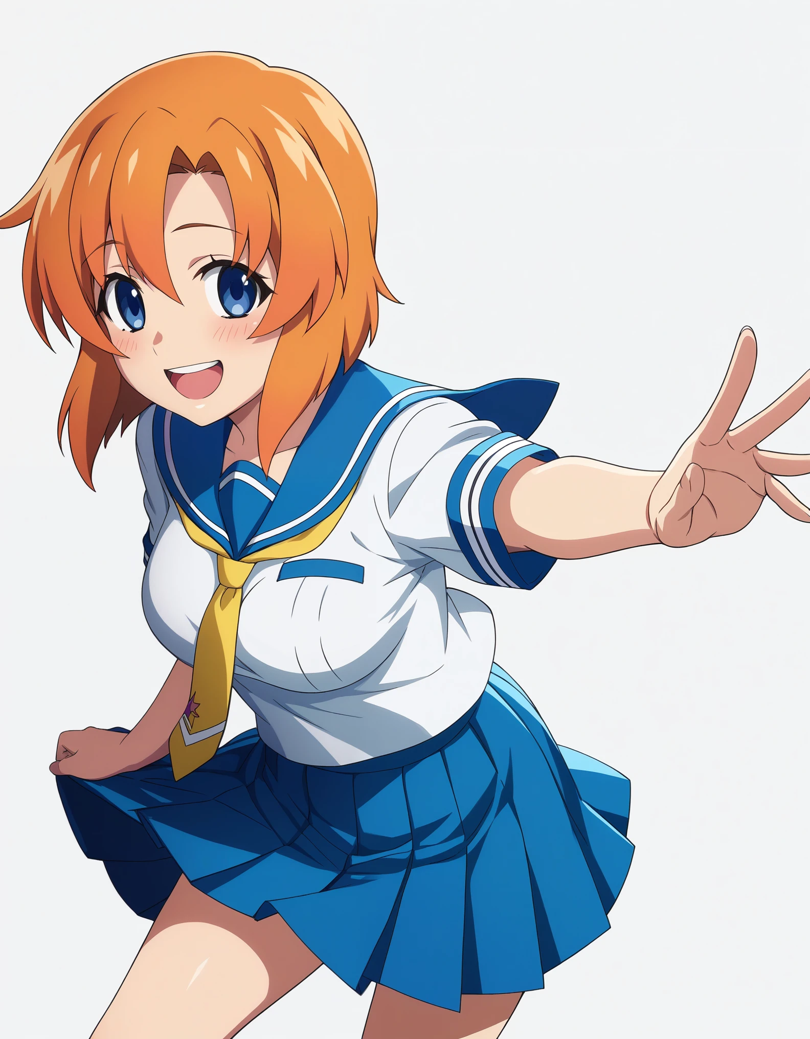 score_9, score_8_up, score_7_up, source_anime, anime_screencap, masterpiece, best_quality, uncensored, higurashimei, 
1girl, ryuuguu rena, solo, teenage, kawaii, breasts, medium breasts, blue eyes, blush, open mouth, orange hair, short hair, big breasts, simple background, white background, blue , serafuku, skirt, smile, pleated skirt, blue skirt, necktie, yellow necktie