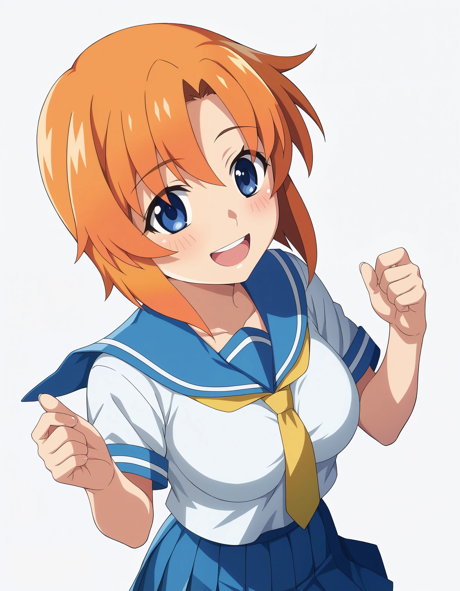 score_9, score_8_up, score_7_up, source_anime, anime_screencap, masterpiece, best_quality, uncensored, higurashimei, 
1girl, ryuuguu rena, solo, age, kawaii, breasts, medium breasts, blue eyes, blush, open mouth, orange hair, short hair, big breasts, simple background, white background, blue , serafuku, skirt, smile, pleated skirt, blue skirt, necktie, yellow necktie