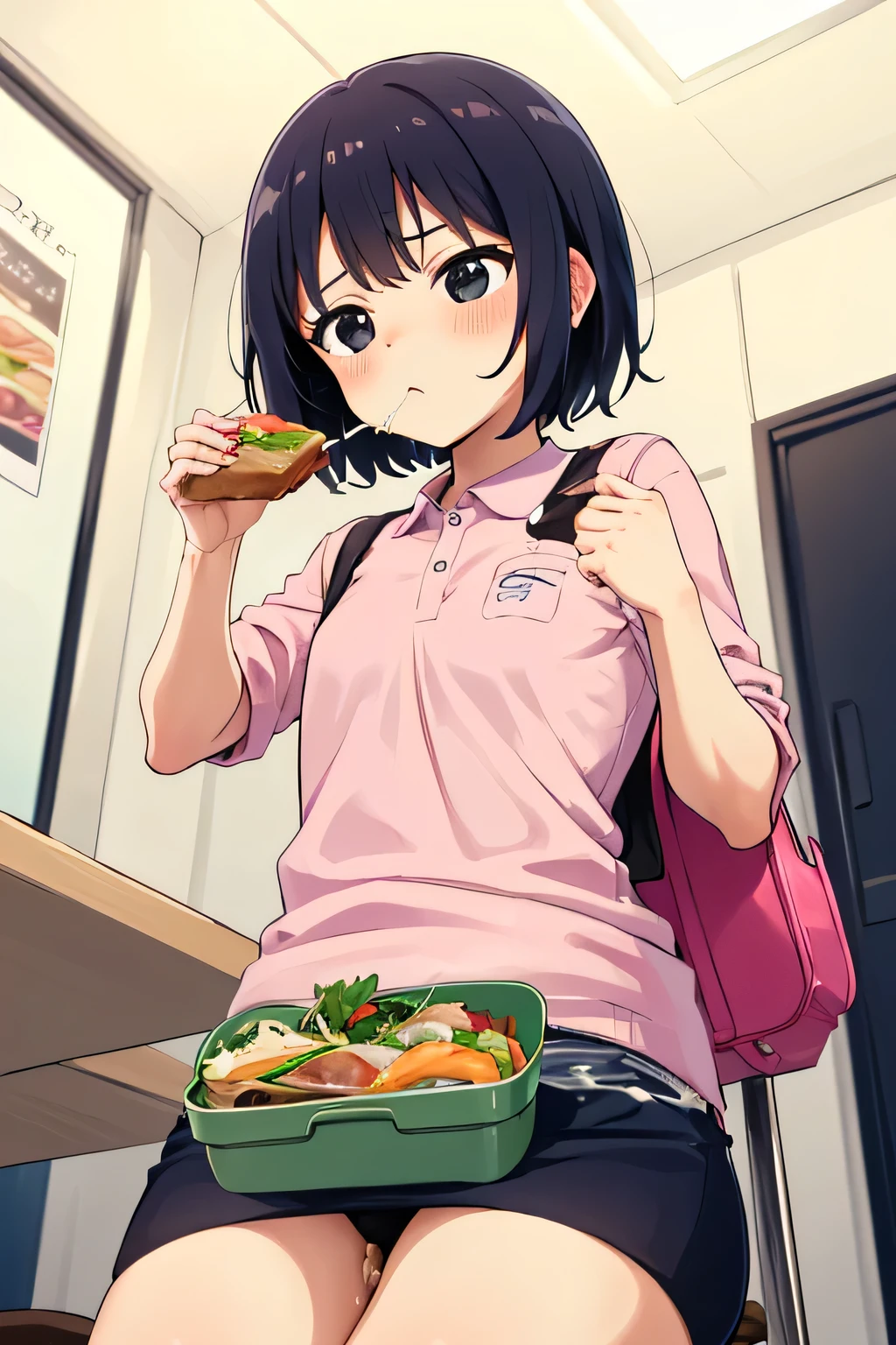 Highest quality, High resolution, 1.female, Reluctance Nausea Black eyes (Semen on the food in my small lunch box:1.5) Cute Looking down Pink polo shirt  Short hair, Black Hair,  Sit on a chair,  Focus on face, penis from below,  into lunchbox(Subjective)