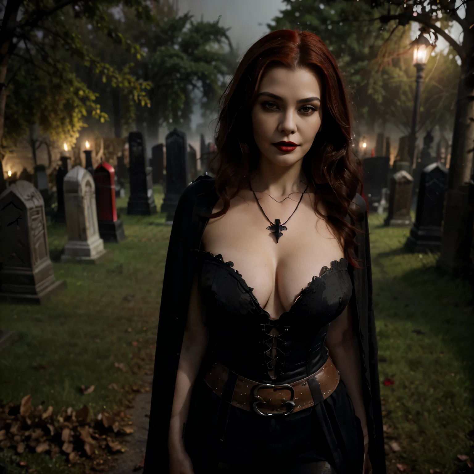 Beautiful 20 year old woman, large , with short messy wavy red hair, wearing a red corset with black accents and black cloak, standing in a foggy cemetery at night, (red lipstick:1.5), realistic skin texture, (cross necklace:1.2), (looking at camera:1.3), (Rustic radiance and Gothic Art:1.4), photo realistic, 8k