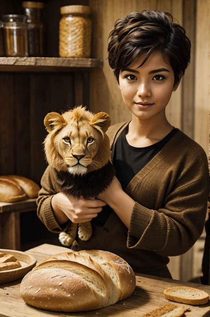 1 woman with short hair sewn 1 bread with 1 lion
