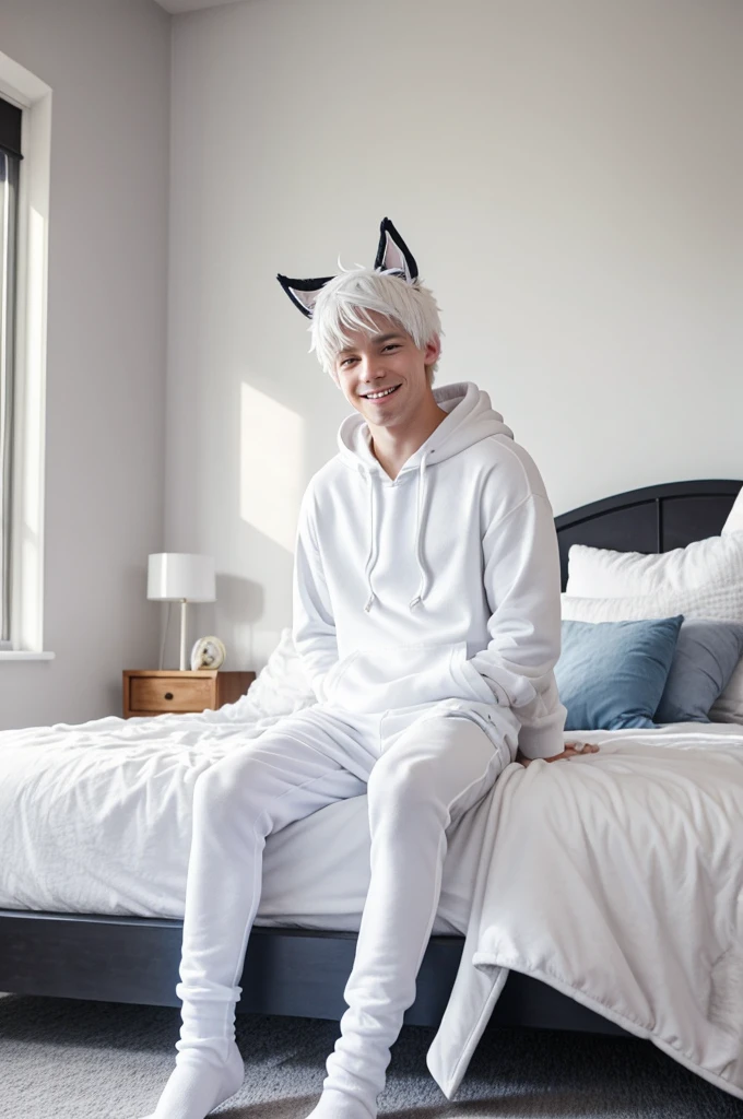 Boy, White hair, white hoodie, high thigh socks, dog ears, dog tail, smile, detailed face, best quality, short hair, blue eyes,bedroom setting, no shoes, legs spread open, detailed body