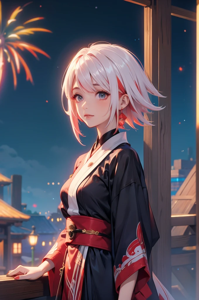 Melissa kimono night in the firework, white red combine colour hair , short hair