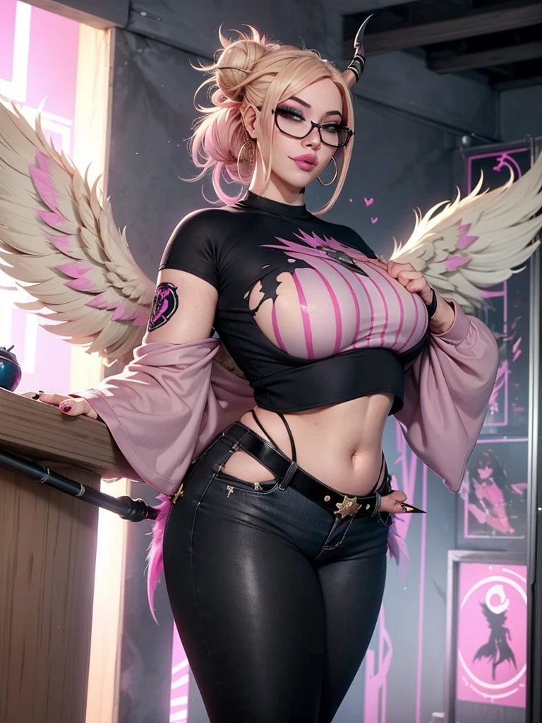 realisticlying,22yo girl,Blonde short、big body, sexy lingerie lace black ,perfect eyes, hair bunches、very very long hair, ultradetailed hair, body nylon sexy, Breasts enlarged、 big body, blonde, woman 1.90 CM,ponytail, ((hair over eyes)),perfect mouth, massive big bounce oppai, WET SKIN, (masterpiece, best quality:1.2), 1girl, solo, city background, haze \(fortnite\), Harpy Haze From fortnite, 1girl, earrings, glasses, hat, jewelry, lips, long hair, looking at viewer, makeup, nail polish, pink eyes, pink hair, pink nails, smile, sunglasses, tinted eyewear, belt, black pants, crop top, eyeshadow, midriff, navel, pants, choker, fingernails, round eyewear, sharp fingernails, standing, black feathers, black headwear, hoop earrings, horned headwear, horns, denim, winged arms, feather trim, star \(symbol\), elbow gloves, dark pink lips, feathers, heels, shoes, angel wings, bangle, black wings, crop top overhang, feathered wings, harpy, low wings, multicolored hair, multicolored wings, pink wings, wings, fingerless gloves, shirt, long fingernails, boater hat, bootcut pants, leather pants, sleeves, black sleeves,massive big bounce oppai,massive big bounce oppai,massive big bounce oppai,