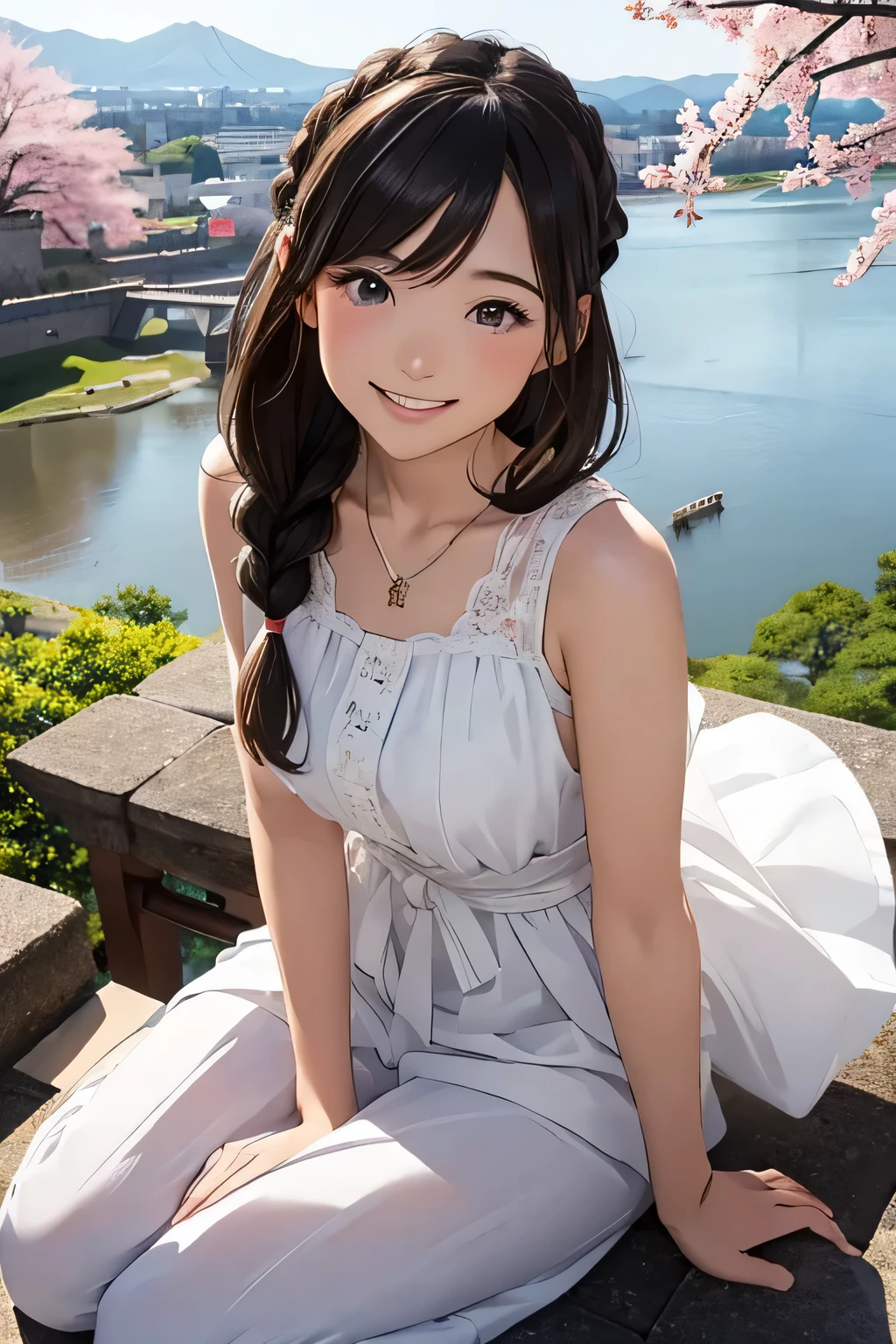 Highest quality、High resolution、Detailed Background、(Beautiful face in every detail:1.4)、Anatomically correct、(Draw the usual number of fingers:1.2)、(Detailed facial expressions)、(Detailed eyes:1.2)、(Detailed eyes:1.2)、Teenage beauty、(Highly detailed face:1.4)、Brown Hair、Braided Ponytail、Braided Bob、Braided long hair、Wavy Hairstyle、well-groomed eyebrows、cute eye makeup、Cute Lip Makeup、cute gesture、Show the whole body、Himeji castle、Inuyama Castle、Matsumoto Castle、Hikone Castle、

(A beautiful girl with a big smile with a Japanese castle in the background:1.5)、

Choose a cool chiffon dress or camisole dress for a light and airy look.、
It is recommended to wear it with casual shoes such as sandals or sneakers.、
Add some glamour with hair accessories、

A clean, all-white look is stylish for midsummer、
Sleeveless or tank tops、Bottoms include shorts and wide pants.、
We recommend natural materials for accessories such as sandals.、cute、

Hikone Castle、The location facing Lake Biwa is beautiful and the view from the castle tower is spectacular.、
Many historical buildings remain, including the old castle town and Higashizakamon Gate、
Another feature is that its appearance changes with the seasons, such as cherry blossoms in spring and autumn leaves.